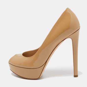 Pre Owned Dior Beige Patent Leather Miss Dior Platform Peep Toe Pumps Size 38