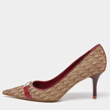 Pre Owned Dior Beige/Red Oblique Canvas and Leather Trim Pointed Toe Pumps Size 38