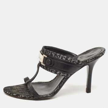 Pre Owned Dior Navy Blue Canvas Logo Slide Sandals Size 37