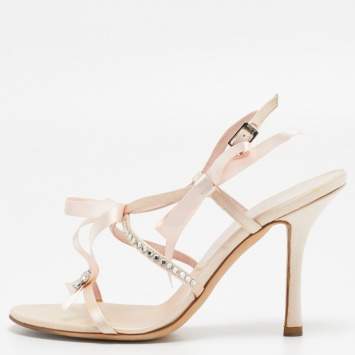 Pre Owned Dior Pink Satin Rose Chain Ankle Strap Sandals Size 36