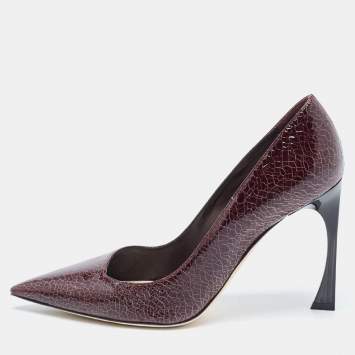 Pre Owned Dior Plum Crackled Patent Leather Curve Heel Pumps Size 37.5