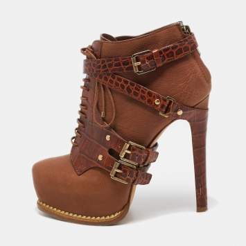 Pre Owned Christian Dior Brown Croc Embossed and Leather  Lace Up Boots Size 35