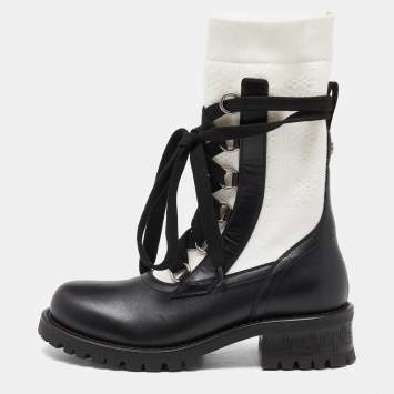 Pre Owned Dior Black /White Leather and Knit Fabric Diorland Combat Boots Size 37