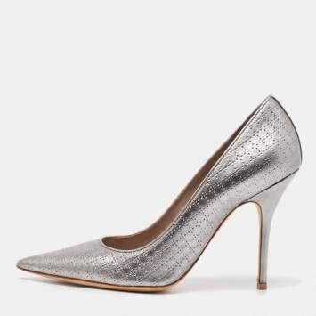 Pre Owned Dior Metallic Grey Micro Cannage Patent Leather Cherie Pointed Toe Pumps Size 40