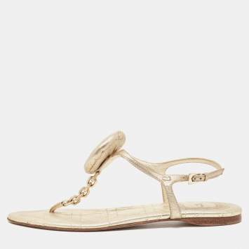 Pre Owned Dior Gold Leather Chain Link T-Strap Flat Sandals Size 39