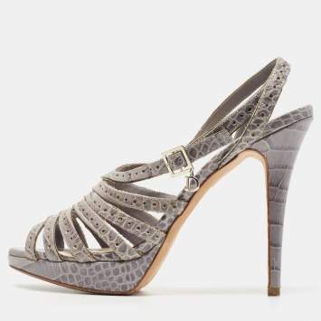 Pre Owned Dior Grey Embossed Croc Strappy Platform Sandals Size 40