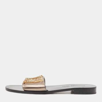 Pre Owned Dior Metallic Leather Crystal Embellished Dio(r)evolution Flat Slides Size 39