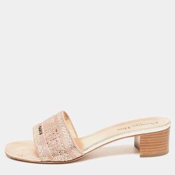 Pre Owned Dior Rose Gold Embroidered Logo Canvas Crystal Embellished Dway Slide Sandals Size 40.5