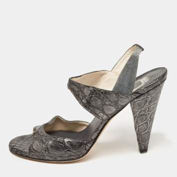 Pre Owned Dior Grey/Silver Croc Embossed and Suede Slingback Sandals Size 39.5
