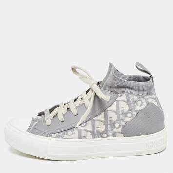Pre Owned Dior Grey Fabric and Leather Walk'n'Dior High Top Sneakers Size 37