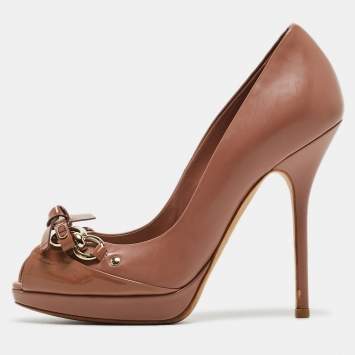 Pre Owned Dior Pink Leather Horsebit Bow Peep Toe Pumps Size 35