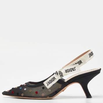 Pre Owned Dior Black Canvas and Mesh J'adior Slingback Pumps Size 37.5