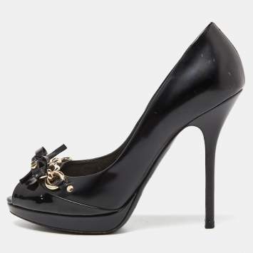 Pre Owned Dior Black Patent Leather Bow Chain Detail Peep Toe Pumps Size 38.5