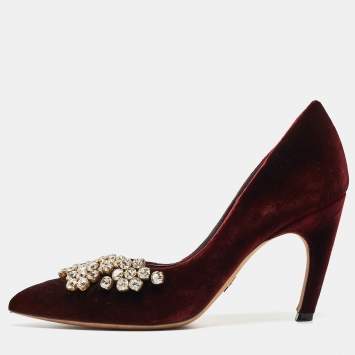 Pre Owned Dior Burgundy Velvet Crystal Embellished Pumps Size 36