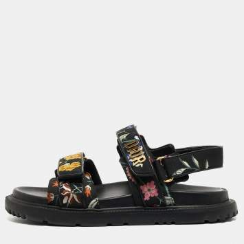 Pre Owned Dior Black Floral Print Fabric DiorAct Sandals Size 38.5