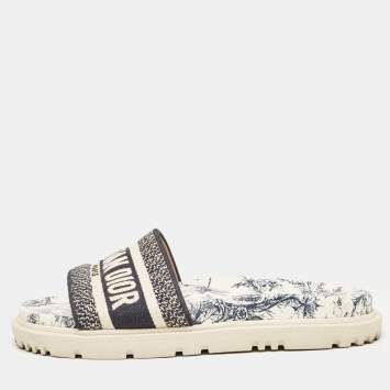 Pre Owned Dior Navy Blue/White Logo Embroidered Canvas Toile De Jouy Dway Slides Size 37.5