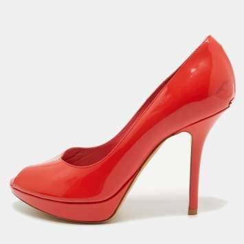 Pre Owned Dior Orange Patent Leather Miss Dior Peep Toe Pumps Size 38