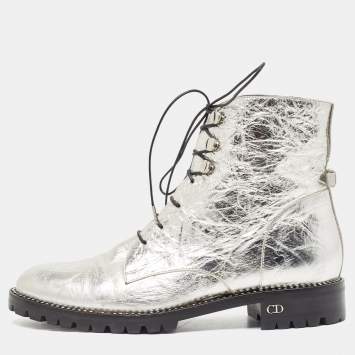 Pre Owned Dior Silver Leather Ranger Boots Size 37.5