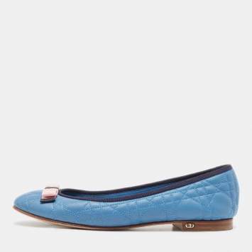 Pre Owned Dior Blue Cannage Leather Bow Ballet Flats Size 39