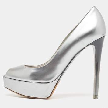 Pre Owned Dior Silver Leather Peep Toe Platform Pumps Size 37.5