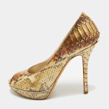 Pre Owned Dior Gold Embossed Python Miss Dior Pumps Size 37