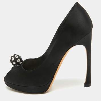 Pre Owned Dior Black Satin Crystal Embellished Peep Toe Pumps Size 37.5