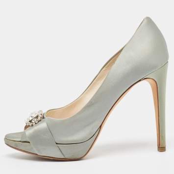 Pre Owned Dior Grey Satin Crystal Embellished Peep Toe Pumps Size 37