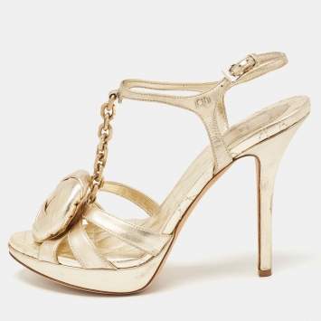 Pre Owned Dior Gold Leather Rose Chain Ankle Strap Platform Sandals Size 37.5