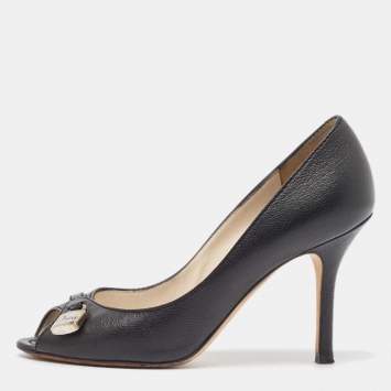 Pre Owned Dior Black Leather Lock Detail Peep Toe Pumps Size 37