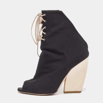 Pre Owned Dior Black Canvas Open Toe Lace Up Ankle Boots Size 37.5