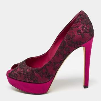Pre Owned Dior Purple/Black Satin and Lace Peep Toe Platform Pumps Size 39