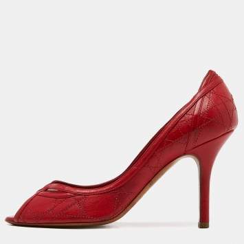 Pre Owned Dior Red Cannage Leather Peep Toe Pumps Size 38.5