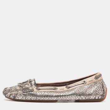 Pre Owned Dior Silver/Beige Python Embossed and Leather Loafers Size 38