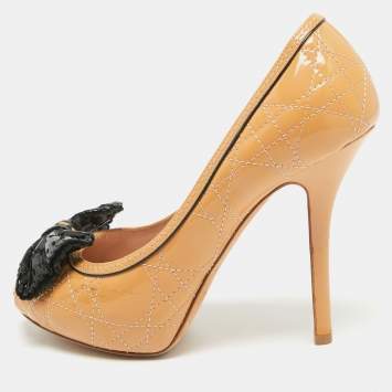 Pre Owned Dior Light Beige/Black Cannage Patent Leather Bow Peep Toe Pumps Size 36