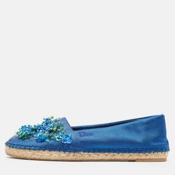 Pre Owned Dior Blue Canvas Crystal Embellished Fusion Espadrille Flats Size 36