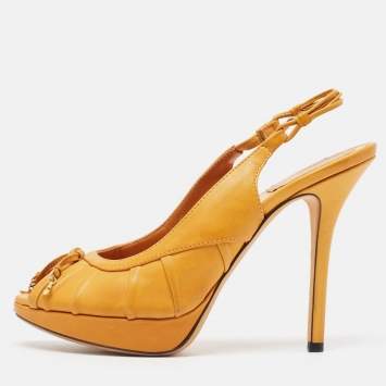 Pre Owned Dior Yellow Leather Peep Toe Slingback Pumps Size 37.5