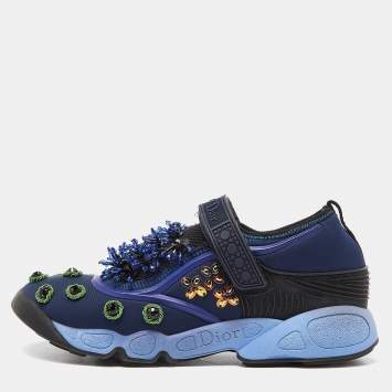 Pre Owned Dior Blue Neoprene and Mesh Fusion Embellished Velcro Strap Sneakers Size 37.5