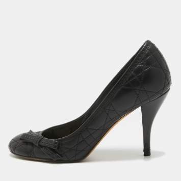 Pre Owned Dior Black Cannage Leather Bow Round Toe Pumps Size 37.5