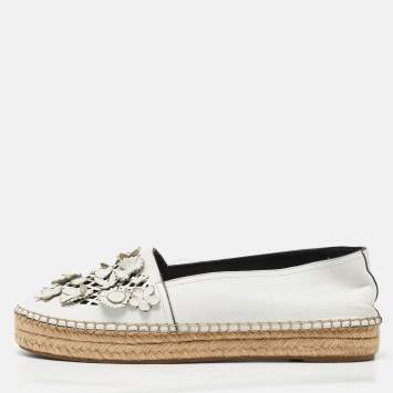 Pre Owned Dior White Laser Cut Leather Flower Applique Flore Flat Espadrilles Size 39