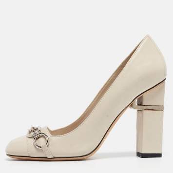 Pre Owned Dior Cream Leather Chain Embellished Block Heel Pumps Size 37