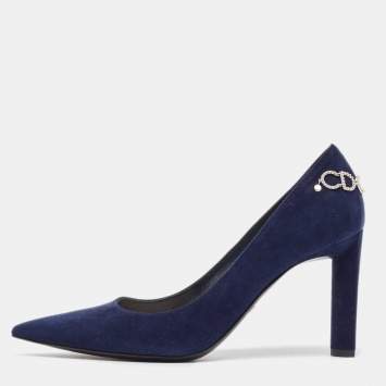 Pre Owned Dior Navy Blue Suede CD Chain Detail Pointed Toe Pumps Size 38.5