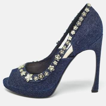 Pre Owned Dior Navy Blue Denim Crystal Embellished Peep Toe Pumps Size 40.5