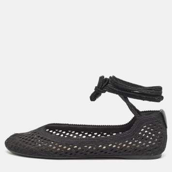 Pre Owned Dior Black Embroidered Mesh Poeme Ankle Tie Ballet Flats Size 37