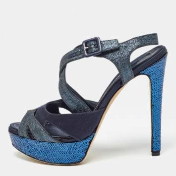 Dior Blue Satin and Glitter Platform Ankle Strap Sandals Size 40