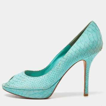 Pre Owned Dior Turquoise Blue Python Embossed Miss Dior Peep Toe Pumps Size 39