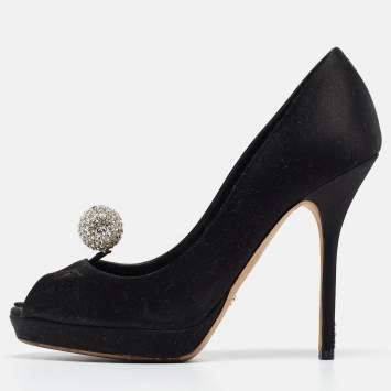 Pre Owned Dior Black Satin Crystal Embellished Disco Ball Peep Toe Pumps Size 37.5