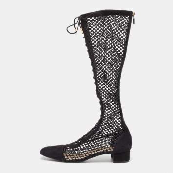 Pre Owned Dior Black Suede and Fishnet Naughtily-D Knee Length Boots Size 42