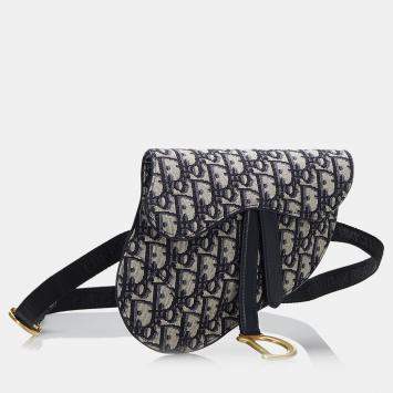 Pre Owned Dior Beige/Navy Blue Oblique Canvas Saddle Belt Bag