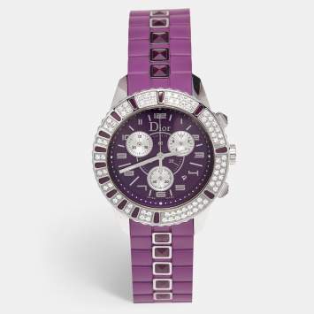 Pre Owned Dior Purple Stainless Steel Diamond Rubber Christal CD11431JR001 Women's Wristwatch 39 mm