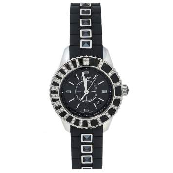 Pre Owned Dior Black Stainless Steel & Rubber Diamonds Christal CD113115R001 Women's Wristwatch 33 mm